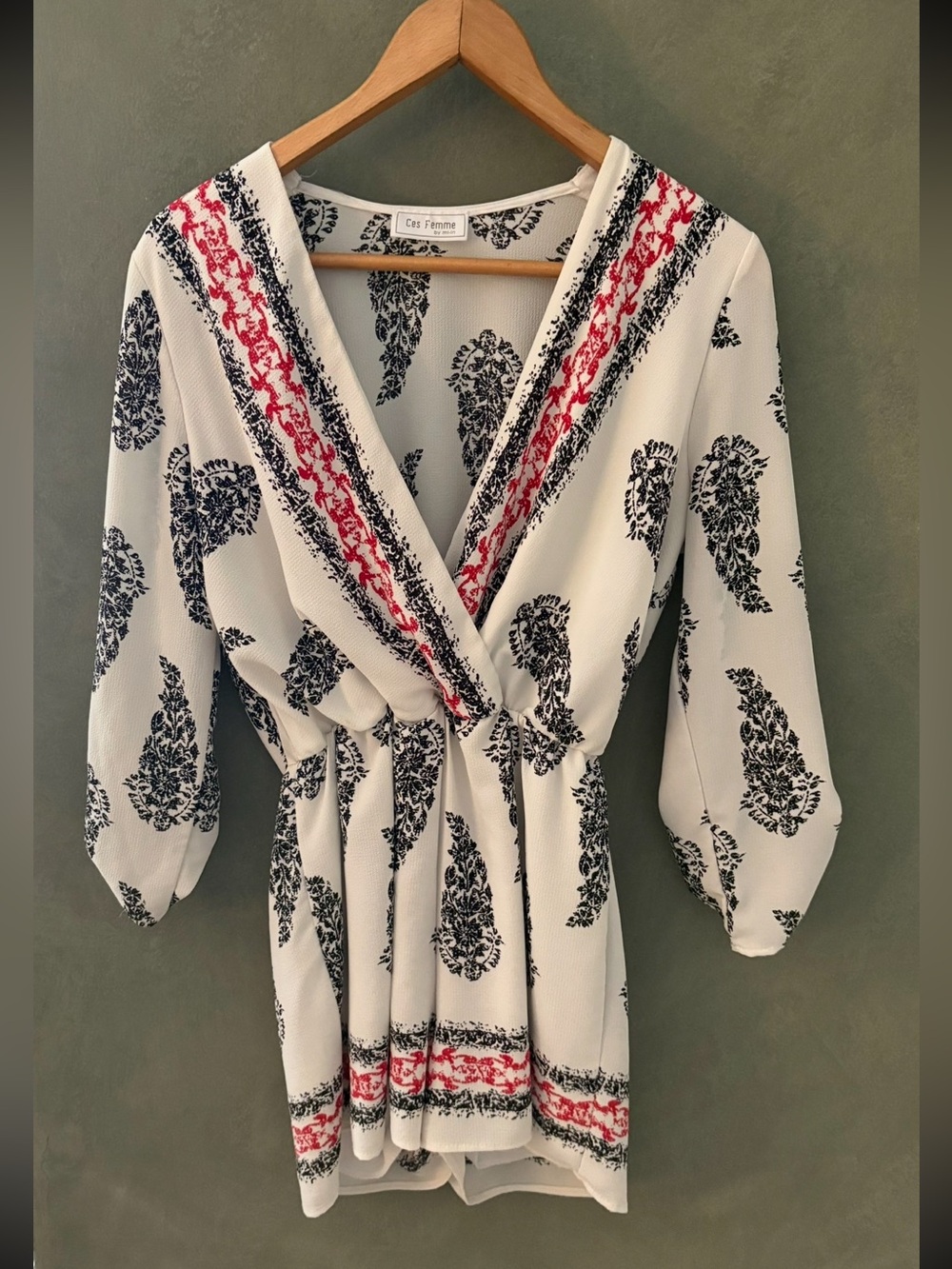 Ces Femme Ladies Boho Romper.  White with Black and Red Floral Design..  Size XS